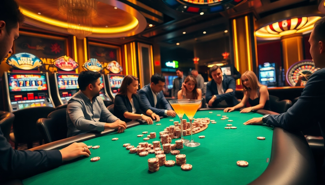 Exciting poker players at B52 Club enjoying a thrilling game with vibrant poker chips and casino atmosphere.