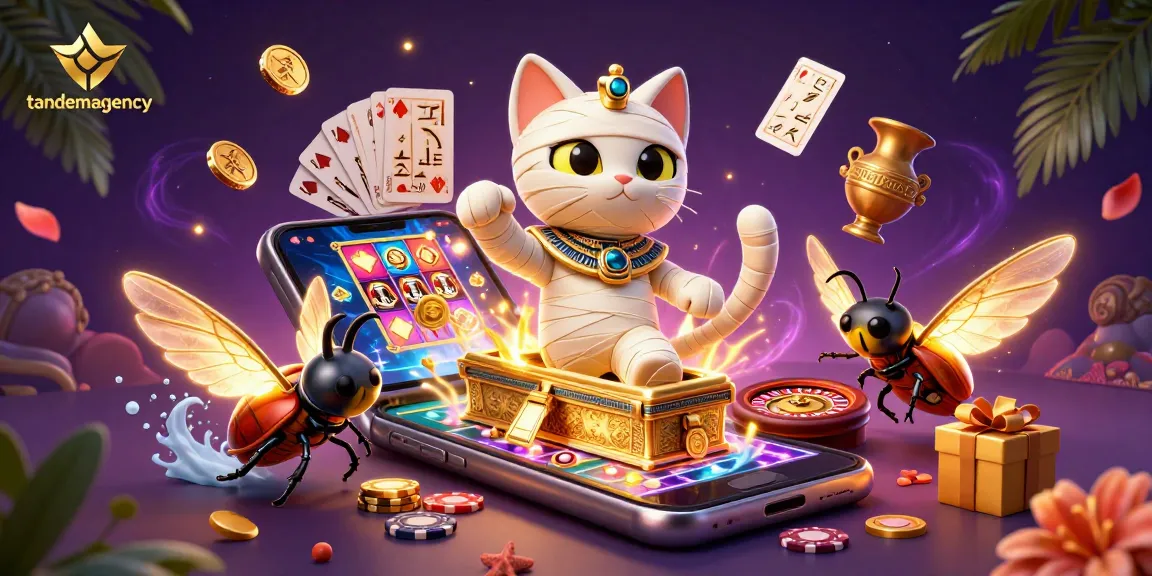 Engage with tandemagency's vibrant casino scene featuring a mummy cat and a scarab beetle.