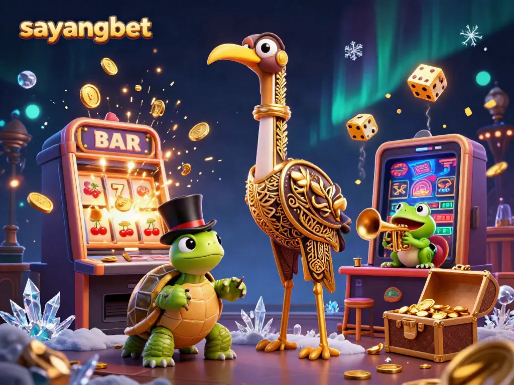 Play vibrant games at Sayangbet with a 3D illustration of a golden crane, top-hat turtle, and trumpet frog.