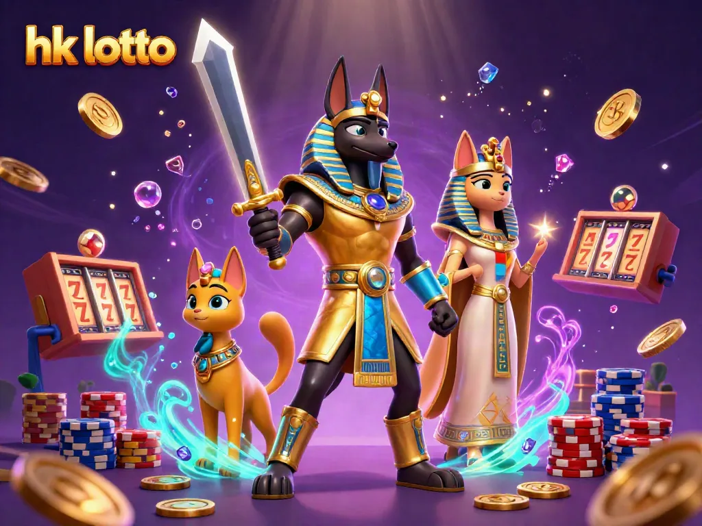 Visualisasi hasil hk lotto dengan Anubis dan Bastet di tengah suasana kasino yang megah.