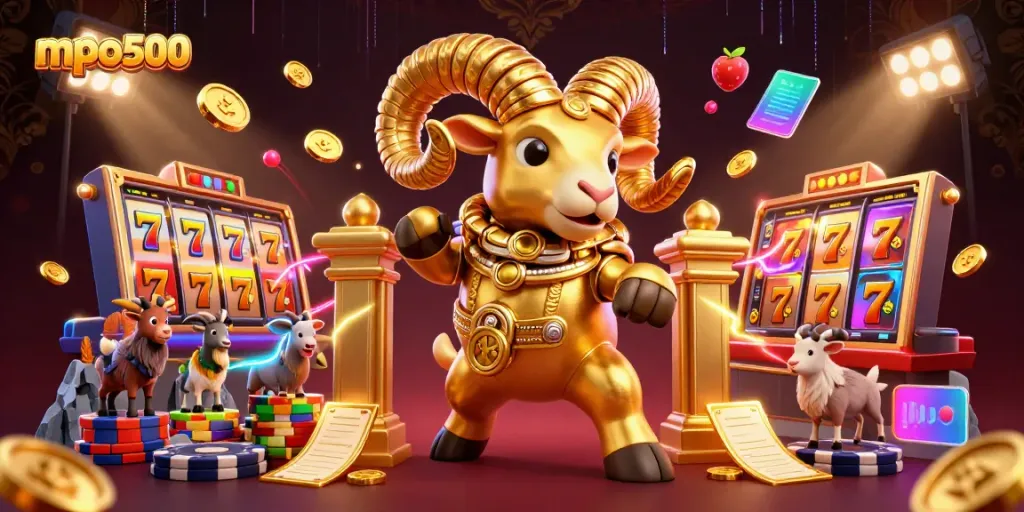 Ilustrasi 3D mencolok dari mpo500, menampilkan domba emas berlari menuju gerbang judi dengan simbol-simbol slot di sekitarnya.