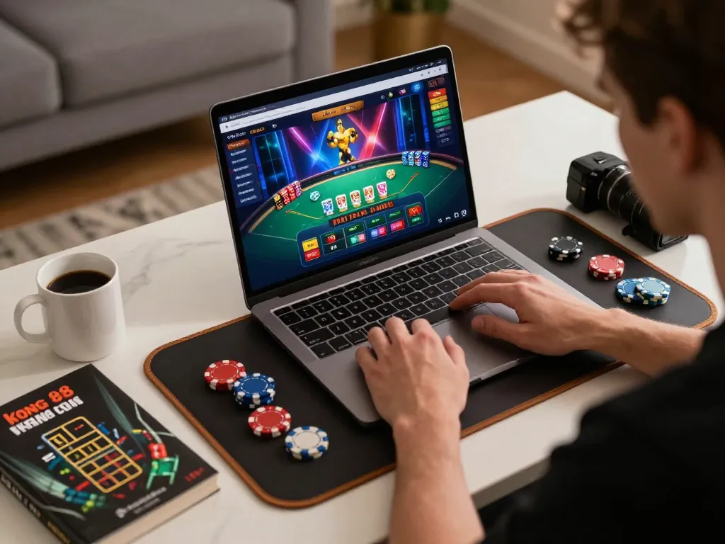 Kong 88 user engaged in online blackjack with chips and strategy guide, showcasing immersive gaming.