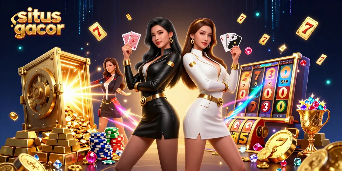 Engage with situs gacor as talented twin women hold cards amidst vibrant casino treasures.