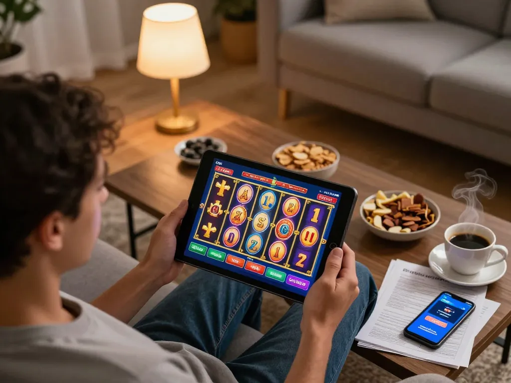 Experience thrilling gameplay on ligalgo via tablet in a cozy home setting with snacks and strategy notes.