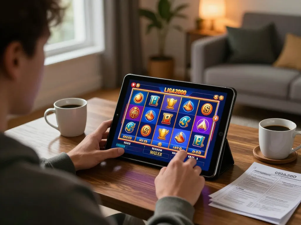 LIGA2000 player enjoying a slot game on a tablet in a cozy home setting, emphasizing responsible gaming.