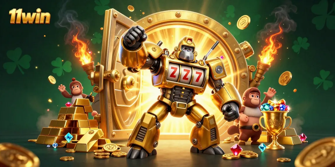 Experience the thrill of winning with 11win featuring dynamic golden gorilla mech and treasures.