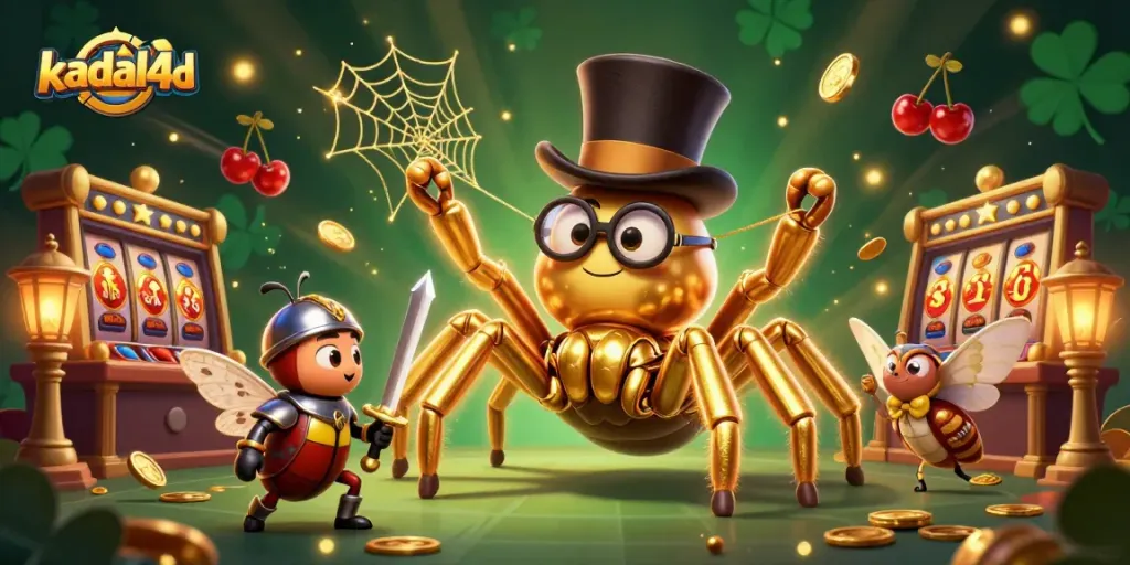 Engage with kadal4d and watch a golden tarantula weaving luck in a vibrant casino scene.
