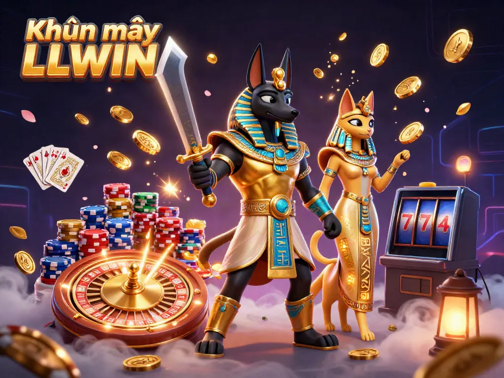 Experience Khuyến mãi LLWIN with dynamic gaming action featuring Anubis, casino elements, and luminous rewards.