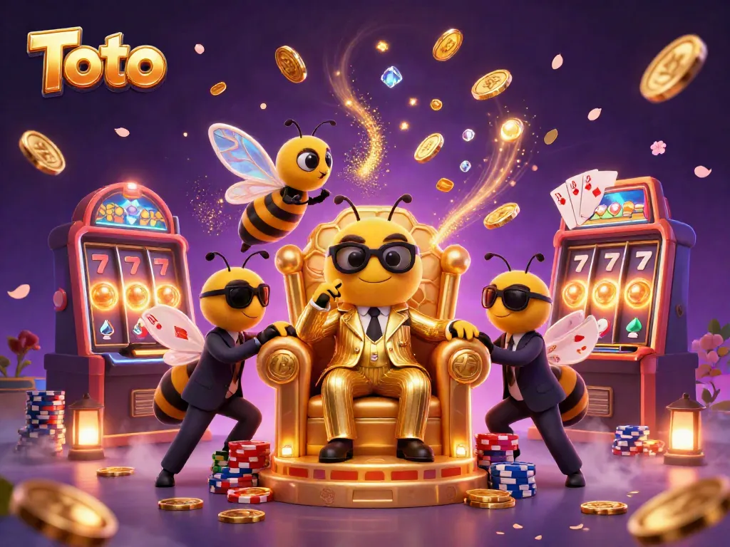 Gambarkan Toto sebagai pemimpin kasino, dikelilingi koin emas, simbol slot, dan petunjuk permainan.