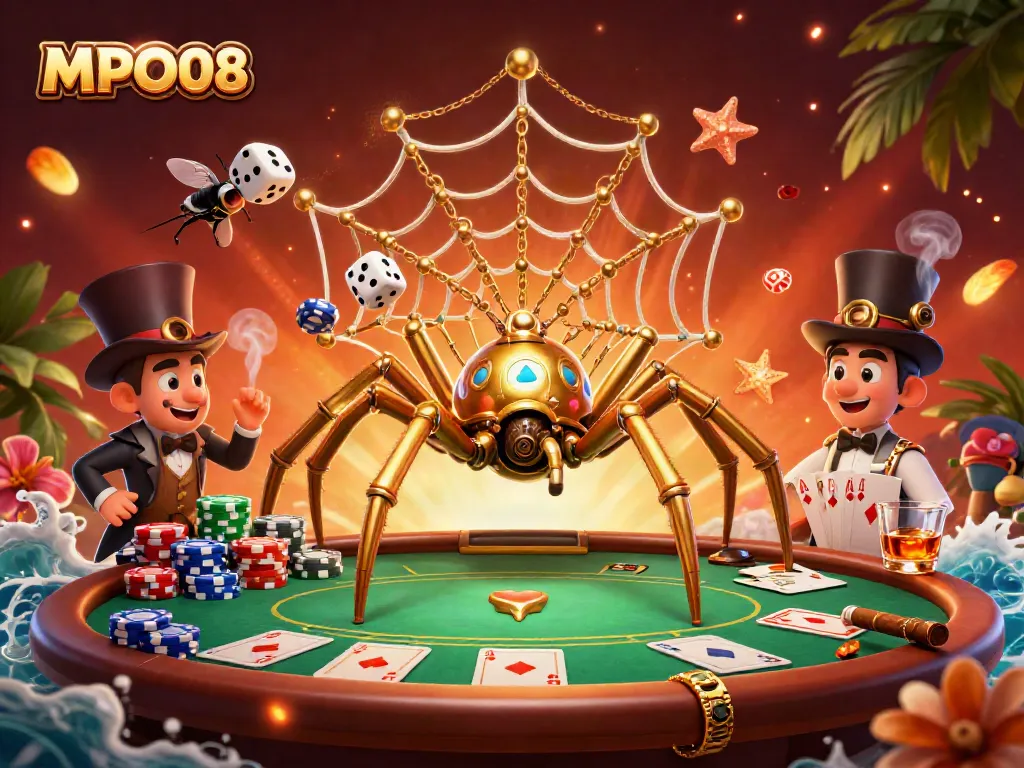 MPO08 depicts an engaging steampunk casino scene with vibrant poker elements, capturing the thrill of betting.