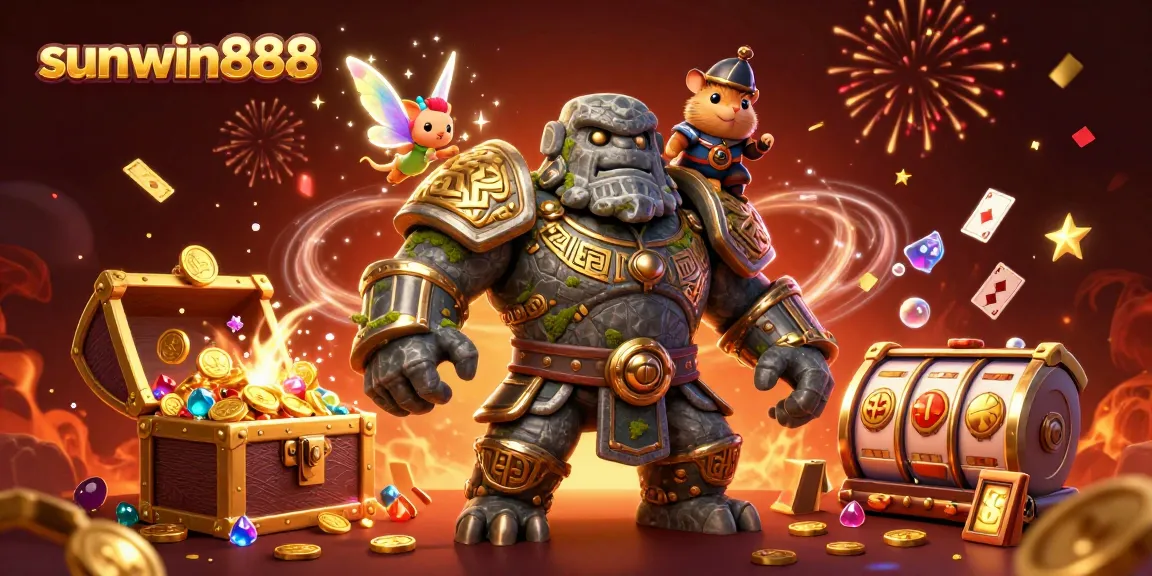 Experience the excitement of sunwin888 with a lively golem, fairy, and knight amidst slot reels and treasure.