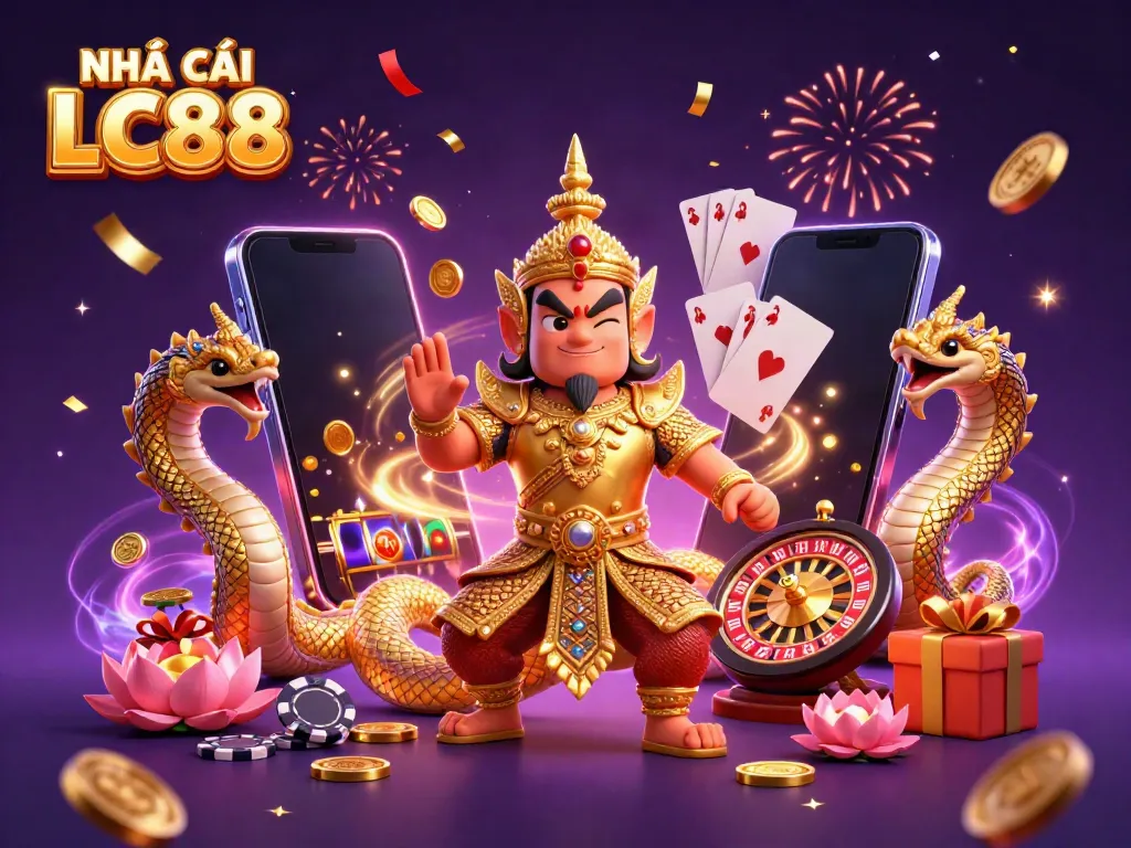 Engage with NHÀ CÁI LC88's vibrant casino offerings, featuring a cartoon yaksha and Naga amidst exciting gaming elements.