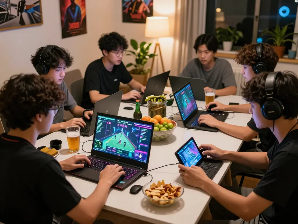 MPO08 players enjoying a vibrant online gaming competition with laptops and mobile devices in a cozy setting
