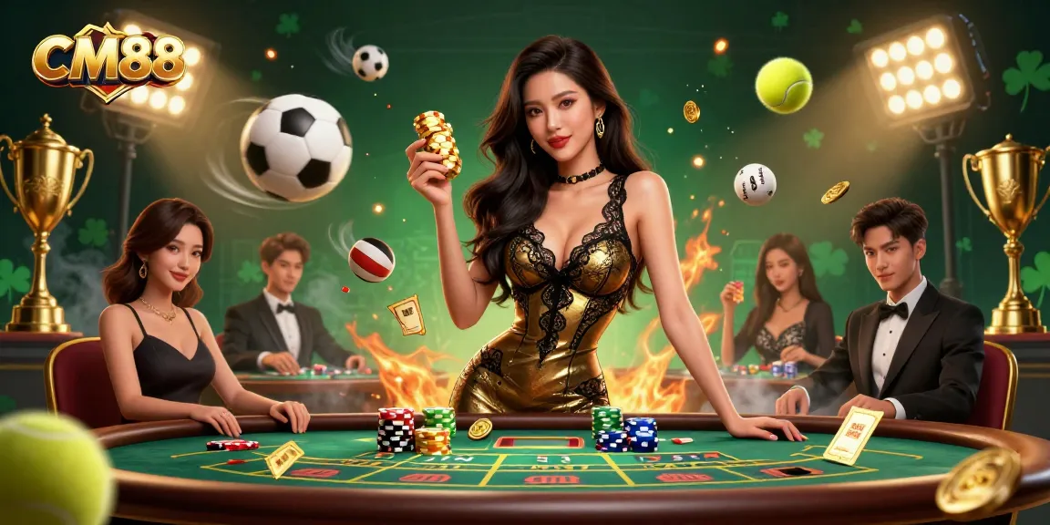 Experience high-stakes gambling at CM88 with a striking Asian dealer and golden chips.