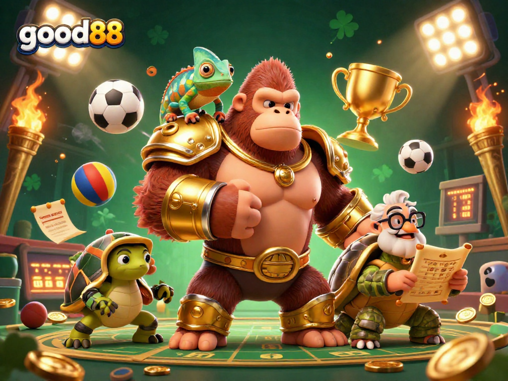 Experience exciting betting with good88 featuring a gorilla king, chameleon, and tortoise in a vibrant casino scene.