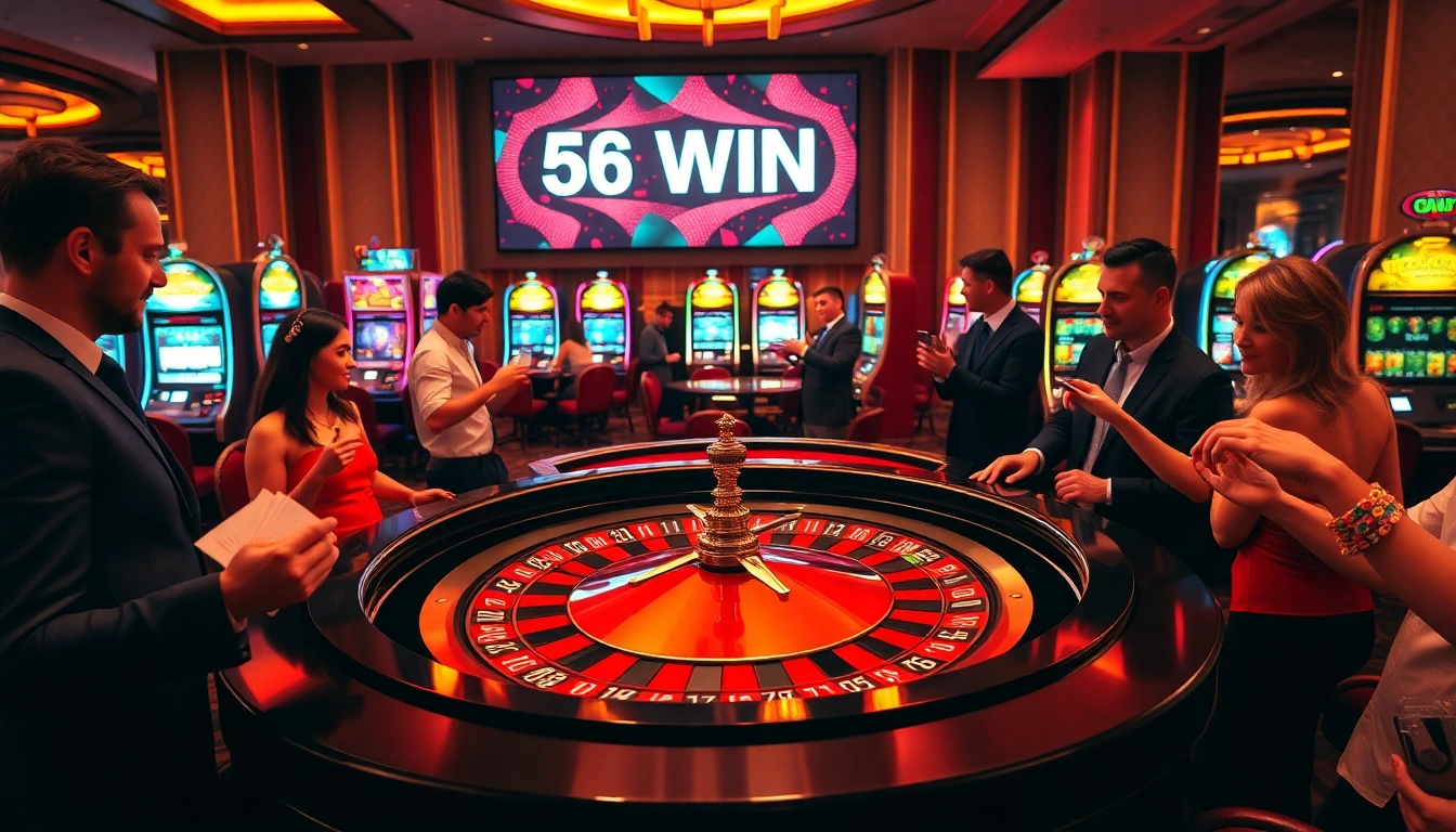 Players celebrate their 56 WIN at a luxurious casino's roulette table, exuding excitement.