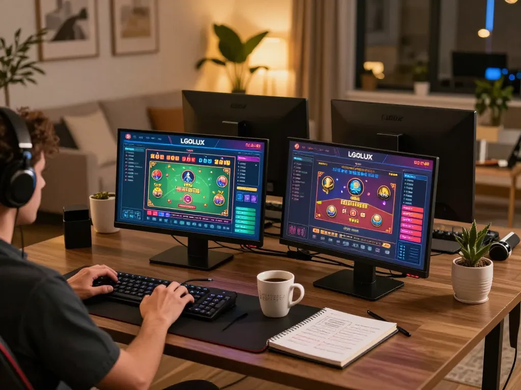 Engaging player enjoying LGOLUX online gaming interface with multiple devices in a cozy home setting.