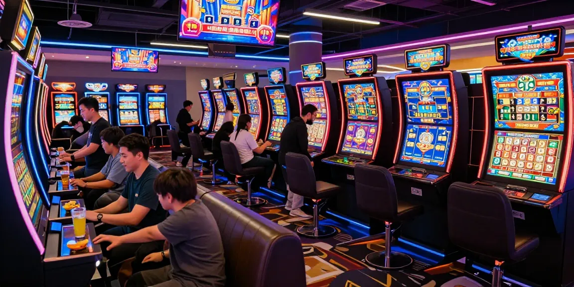 Ratutogel, pemain menikmati suasana kasino virtual dengan layar permainan dan lampu neon cerah.