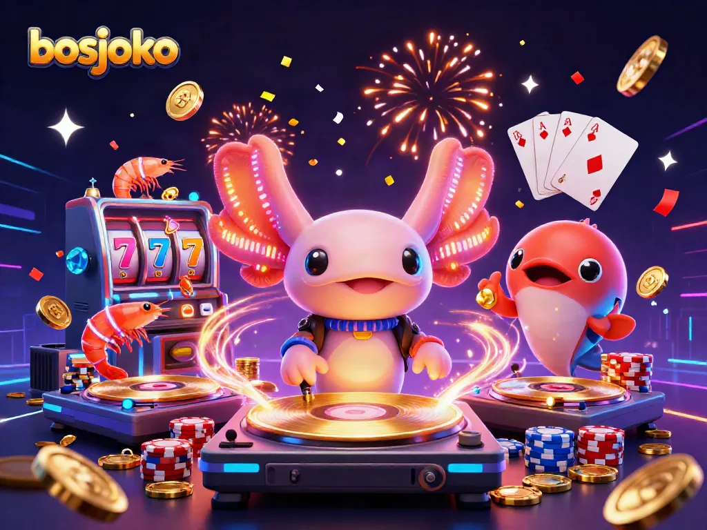 Experience vibrant gaming thrills with bosjoko's neon characters dancing amidst slot reels and coins.