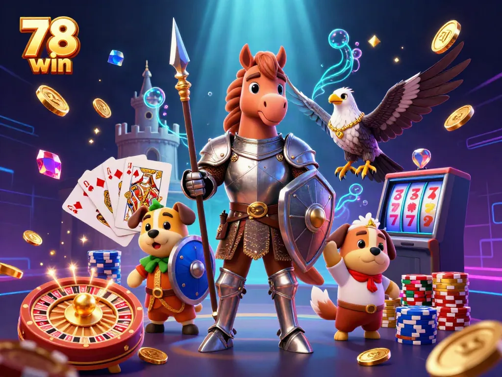 Engage with 78 win's immersive gaming scene featuring a knight, puppy, and falcon amidst dynamic casino elements.