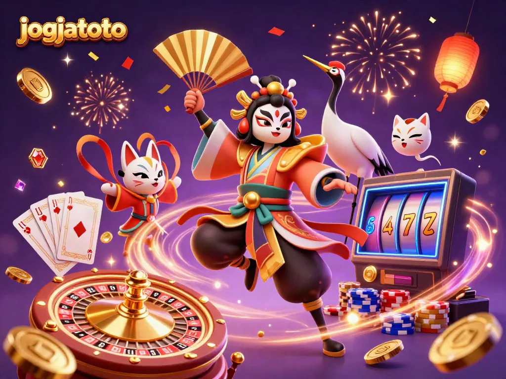 Engage in thrilling activities at jogjatoto with a dynamic casino scene featuring traditional elements and vibrant gameplay.