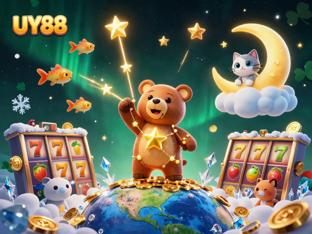 Engage with UY88's exciting slots, featuring golden coins and vibrant slot reels in a fun casino atmosphere.