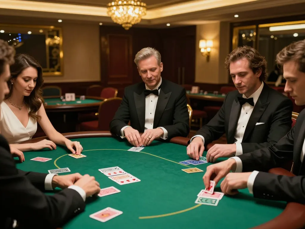 Man club players engaging in a high-stakes poker game at a luxurious casino table.