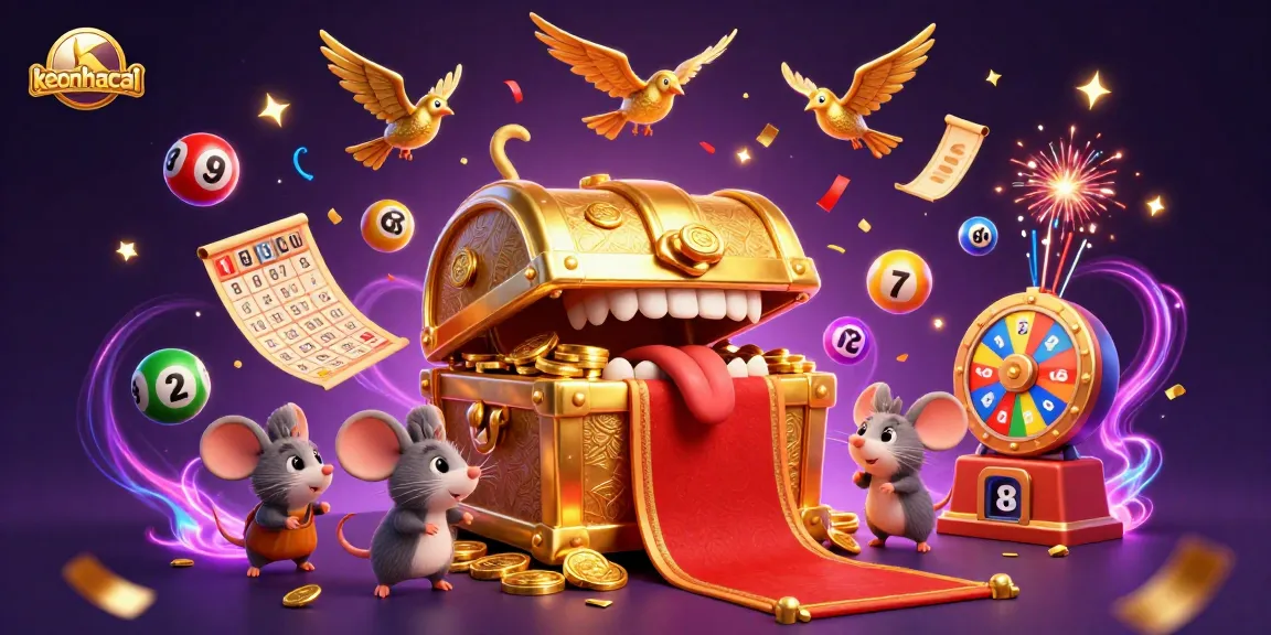 Engage in thrilling adventures with keonhacai, featuring a treasure chest and lottery excitement.