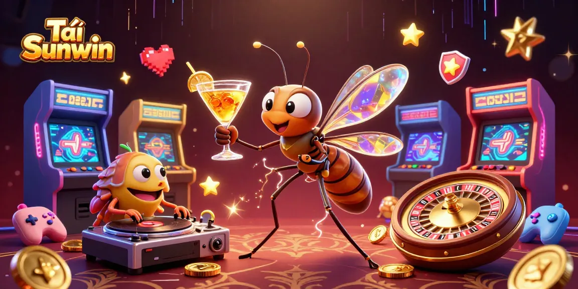 Experience Tải Sunwin with a lively casino scene featuring a mosquito mascot, trilobite DJ, and roulette wheel.