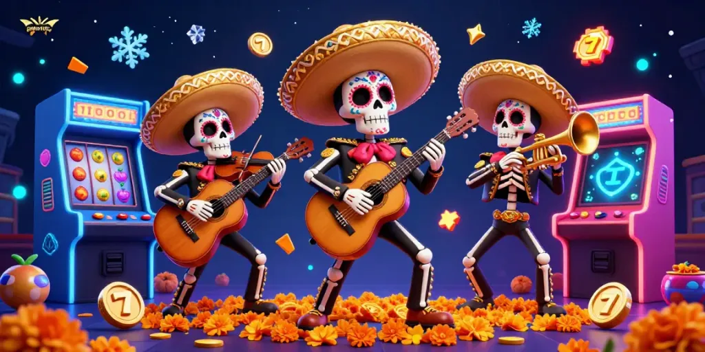 SOMATOTO showcases a vibrant illustration of a 3D skeleton mariachi band celebrating with slots and casino elements.