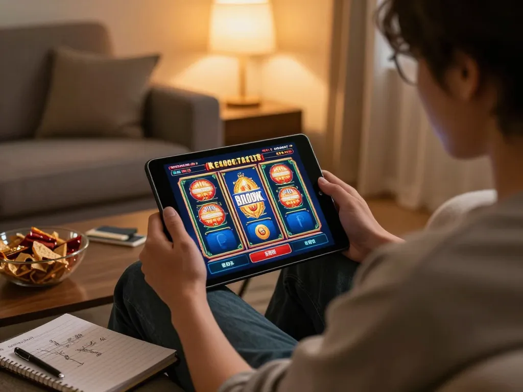 Person playing slots on KEONG178 with a tablet in a cozy home setting