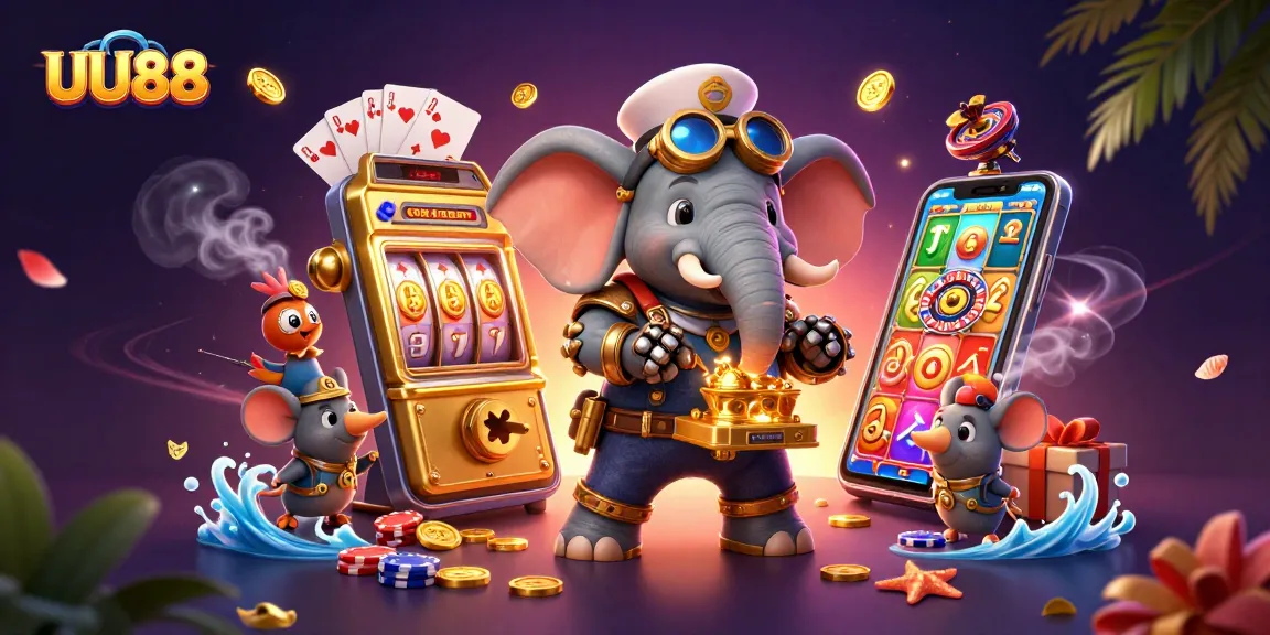 Spin the reels at UU88 with a steampunk-themed slot machine and vibrant casino elements.