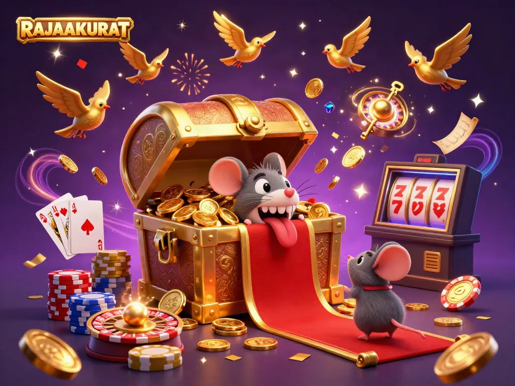 Experience the vibrant RAJAAKURAT theme with a cartoon treasure chest, flying coins, and slot reels, perfect for engaging players.