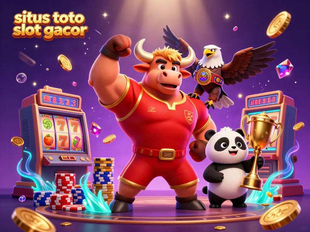 Memenangkan jackpot di situs toto slot gacor dengan simbol slot dan tumpukan chip berwarna-warni.