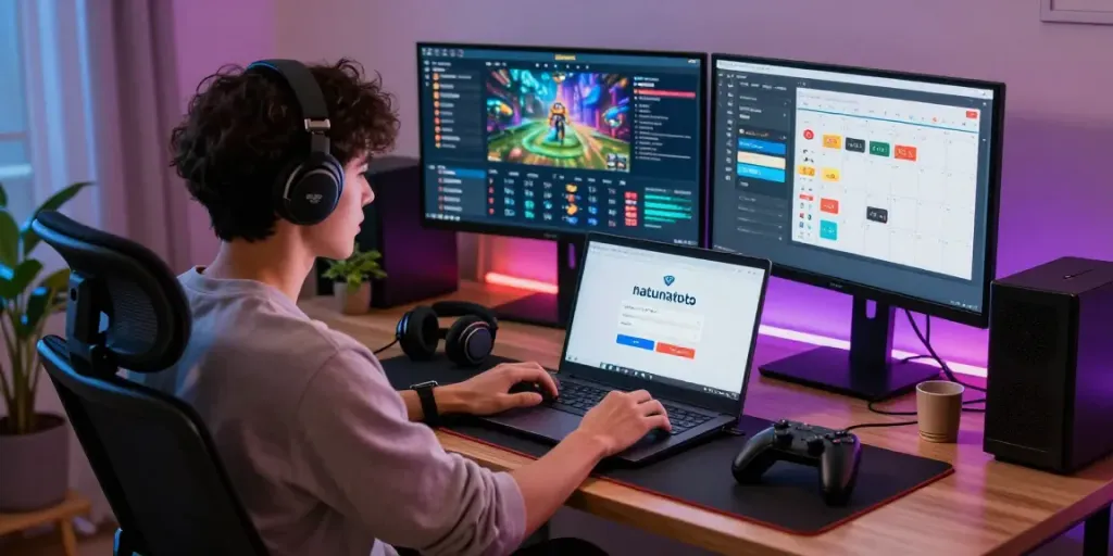 Antarmuka natunatoto login di laptop dalam suasana gaming yang nyaman.