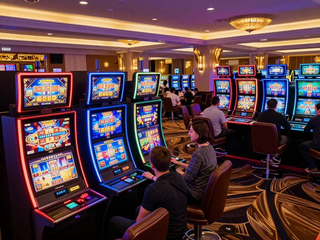 Players enjoying Pragmatic Play slots at UGDEWA, showcasing colorful machines and lively atmosphere