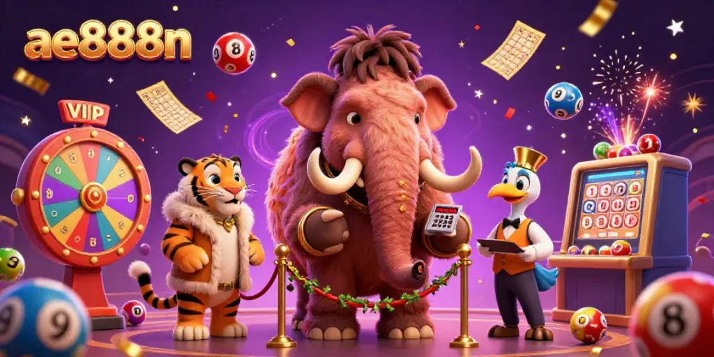 Experience the excitement of ae888n with a lively casino scene featuring a woolly mammoth bouncer, colorful lottery elements, and a dodo doorman.