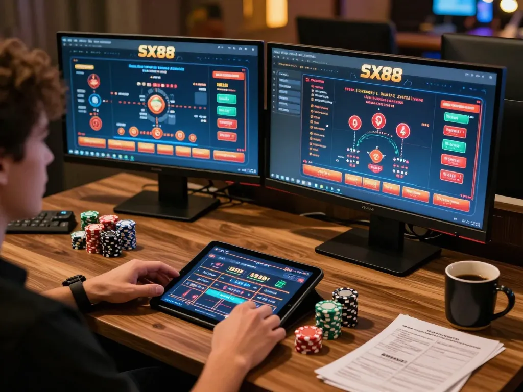 SX88 online players engaged in strategic betting at a stylish gaming setup