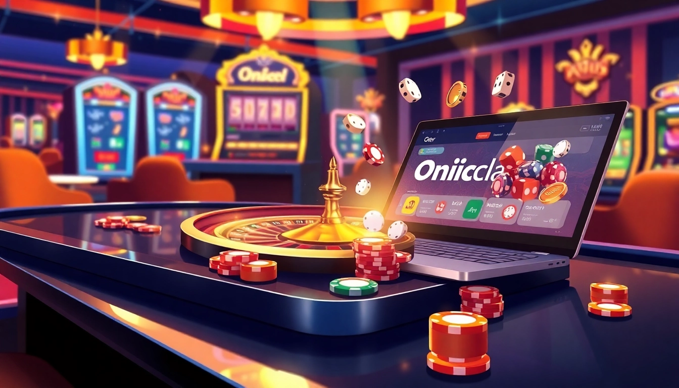 Experience the excitement of onicplay with a lively casino scene featuring slot machines and vibrant poker chips.