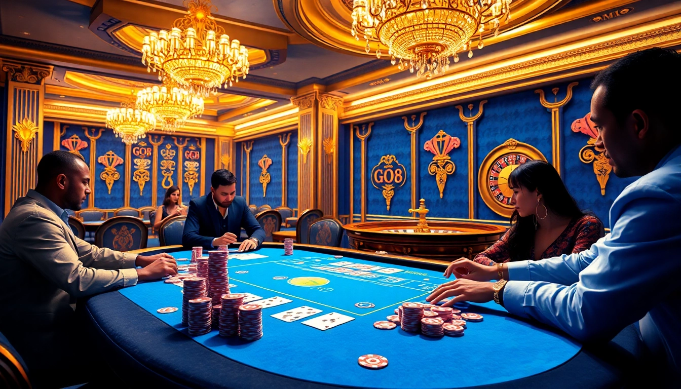 GO8 themed casino poker table showcasing chips and playing cards in action.