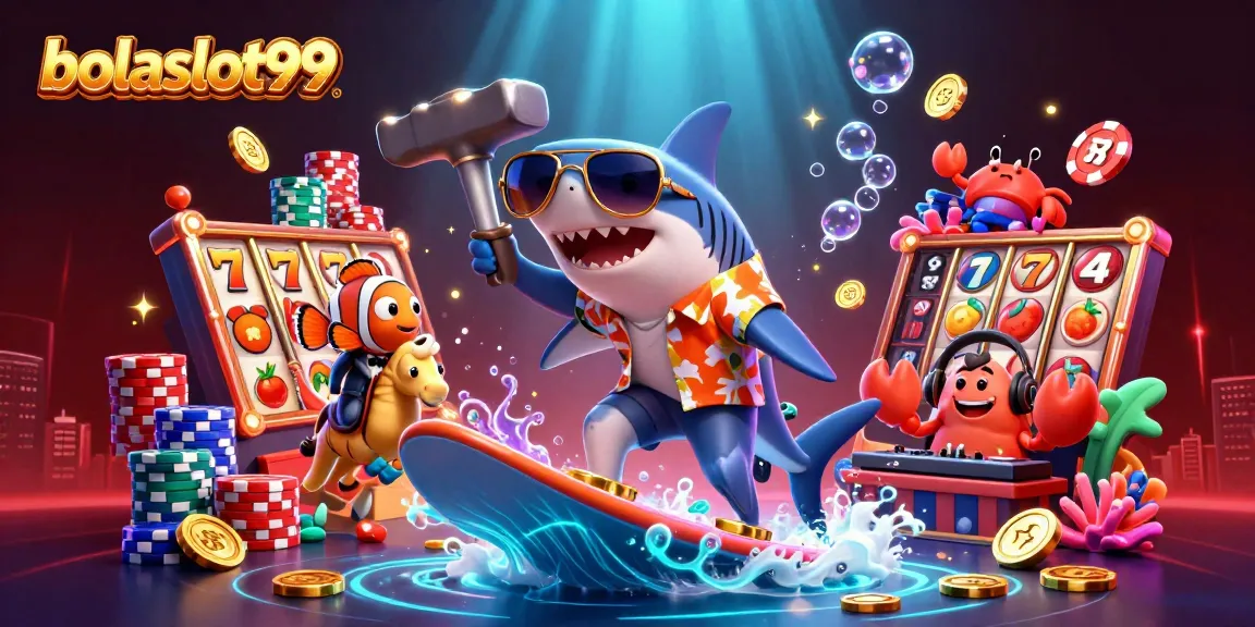 Bolaslot99 showcases a vibrant 3D shark surfing on gold coins amidst slot reels and lively casino elements.