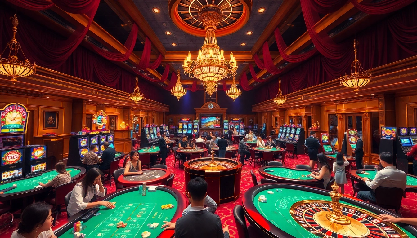 Players enjoying a high-energy casino experience at https://xx88tv.com/, surrounded by vibrant tables and slot machines.