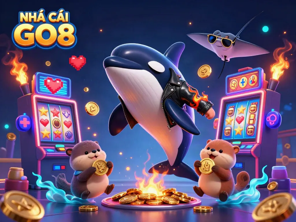 Experience the thrill of NHÀ CÁI GO8 as the orca, stingray, and otters celebrate with coins in a lively casino scene.