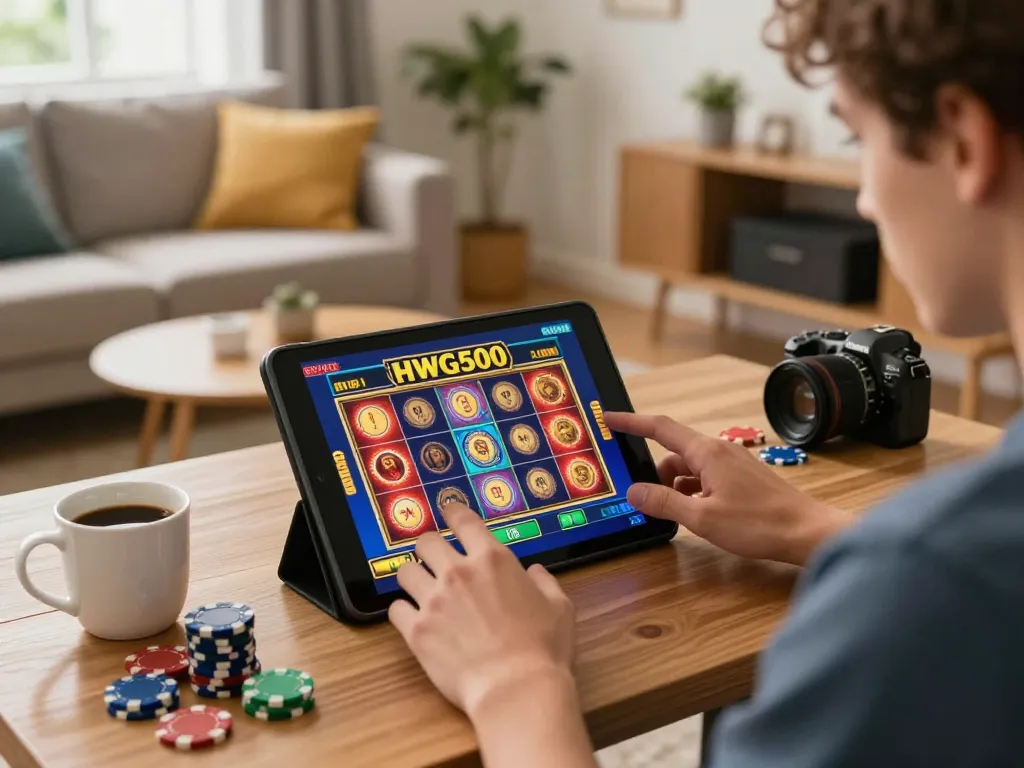 Pemain berinteraksi dengan slot hwg500 di tablet, menunjukkan perjudian online strategis di lingkungan rumah yang nyaman.
