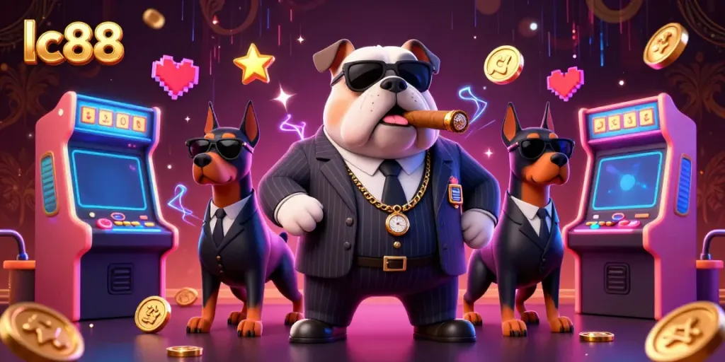 Experience the excitement of lc88 as a mafia bulldog and Dobermans celebrate wins in a vibrant casino scene.