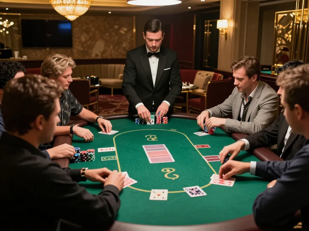 llwin players engaged in an exciting poker game at a luxury casino floor.