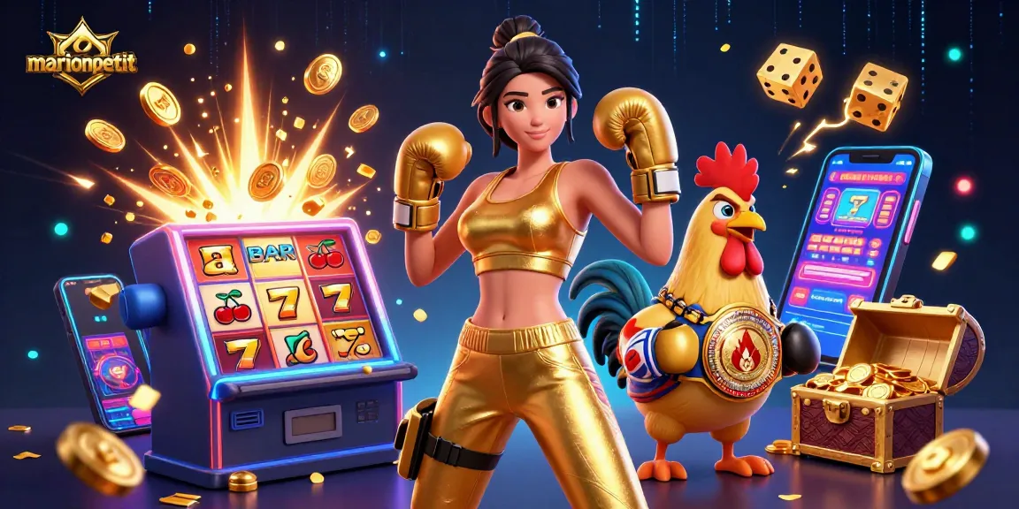 Experience vibrant gaming action with marionpetit as a champion rooster and a strong woman dominate the casino scene.