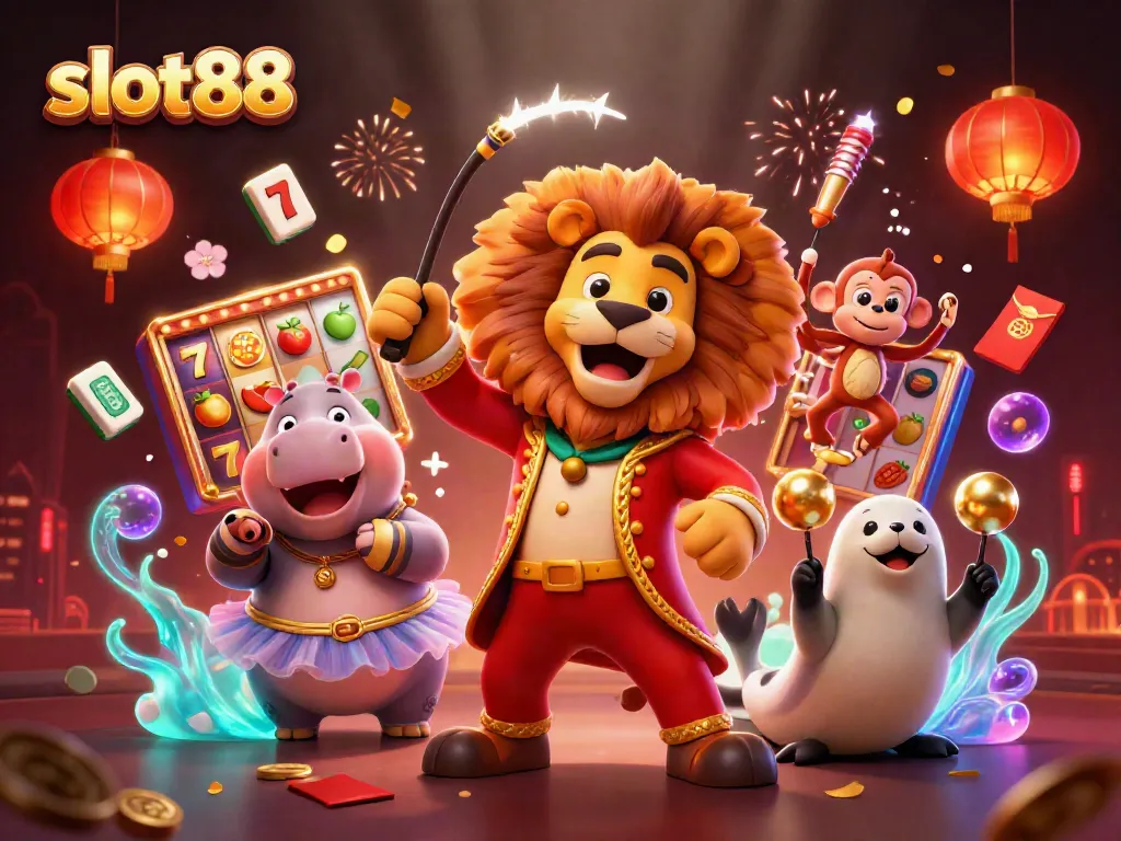 Engage in thrilling slot88 gameplay surrounded by circus characters and festive elements.