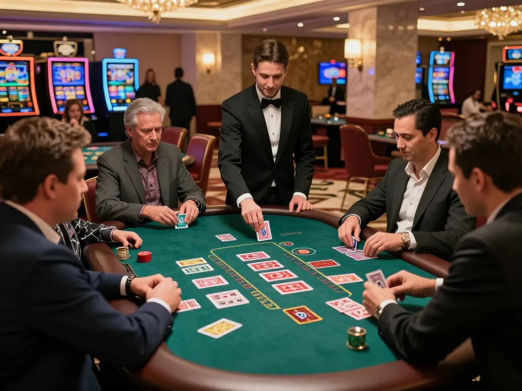 ZEUS222 players strategizing at an upscale blackjack table in a vibrant casino atmosphere.