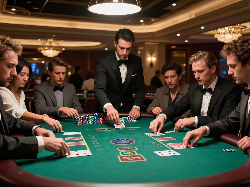 Players enjoying an intense blackjack game at a high-end casino with strategic moves featured, reflecting LGOGOAL atmosphere.